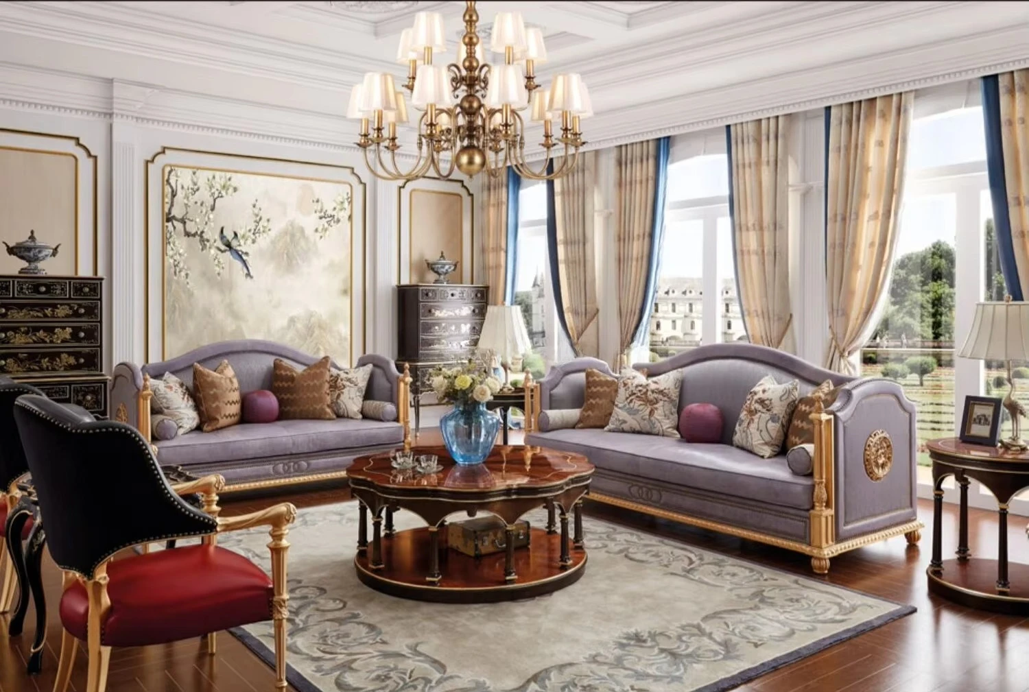 #￥Neoclassical European Sofa Rose Gold Villa Large Apartment Combination Solid Wood Frame Leather Fabric Alexander Sofa