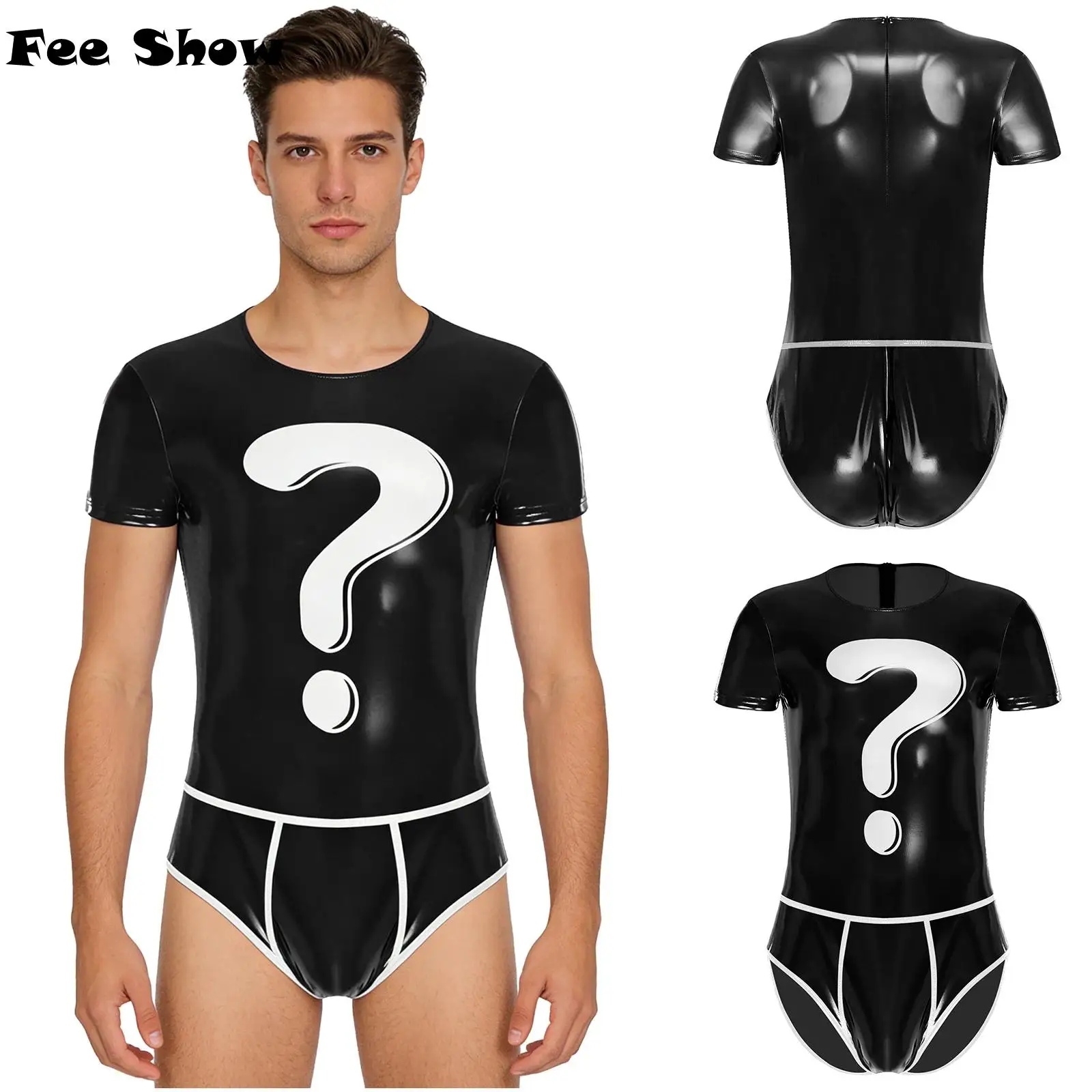 

Mens Glossy PU Bodysuit Stylish Question Mark Graphic Short Sleeve Bulge Pouch Bodycon Leotard Jumpsuit Clubwear