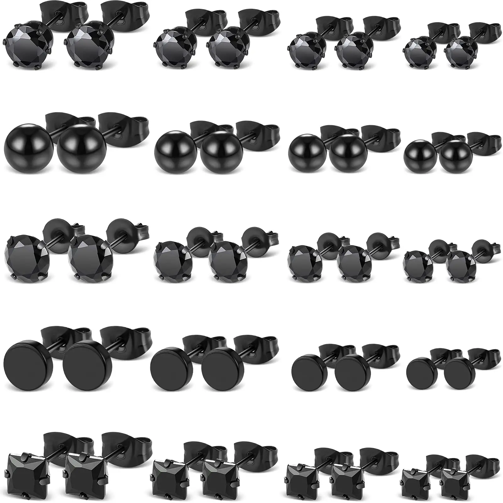 4 Pairs/20 Pairs Punk Stainless Steel Black Square Round Stud Earrings Fake Cartilage Ear Studs CZ Inlaid Ear Piercing Jewelry