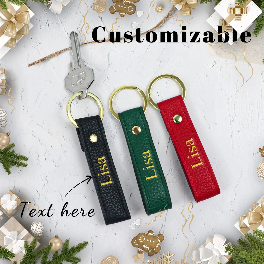 Customized Name Christmas PU Leather Car Keychain Pendant, Lychee Pattern Bag Accessory, Christmas Gift