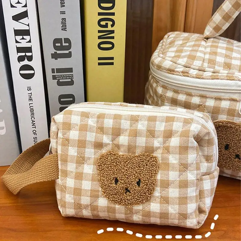 Cute Bear Makeup Pouch Large Capacity Portable Cosmetic Box Checkerboard Lattice Women Case Bags Female Storage Make Up Cases