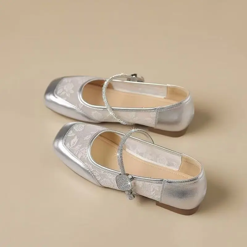 

Women Leather Mesh Rhinestone Mary Jane Summer New Soft Sole Non Slip Breathable Flat sole Square Toe Versatile Retro Nude Shoes