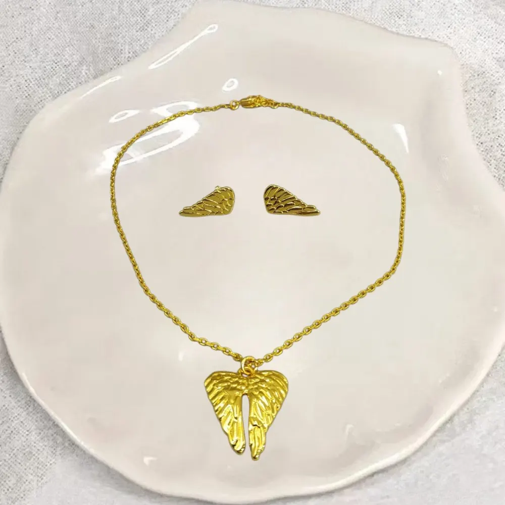 2026 Spain Gentle Premium Gold Silver Wings Earrings Necklace Jewelry Two Piece Set Party Gift