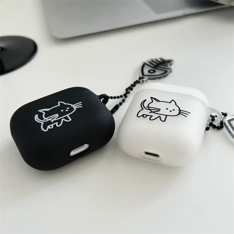 Fish Bones Cute Cat Case for AirPods 4 Airpod 1 2 3 Pro Pro2 Bluetooth Earbuds Charging Box Protective Earphone Case Cover