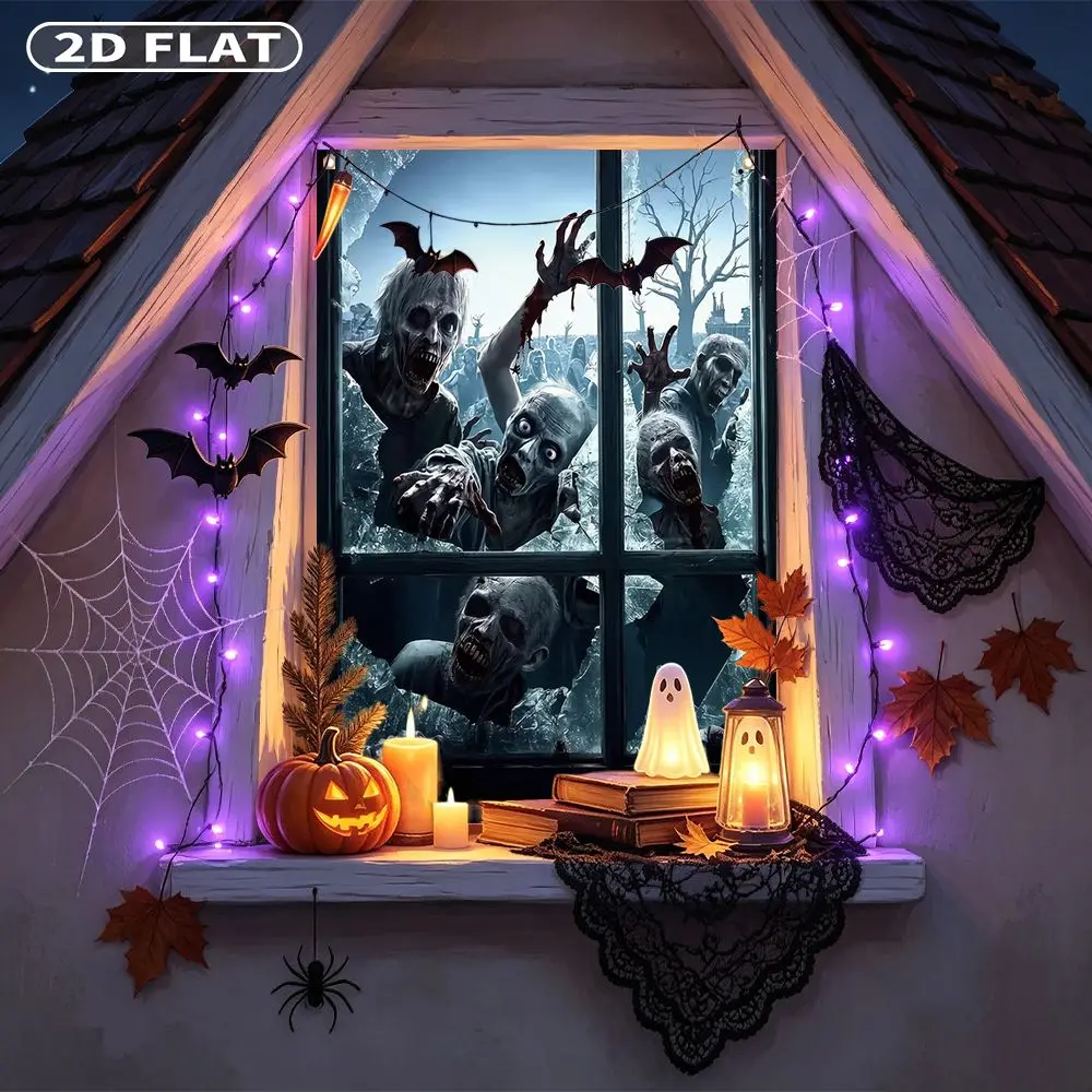2D FLAT 1pc Party Window Cover Banner, with Zombies Breaking Through Shattered Window Glass, No Power Need Home Decor