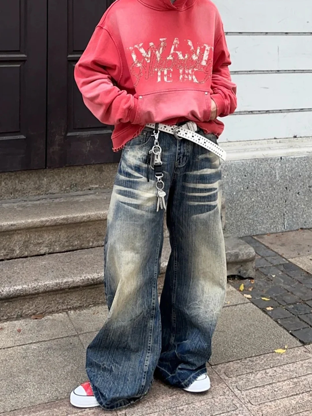 

Retro American Gradient Vintage Blue Knife Men's Jeans Loose Wide Leg Personality Casual Long Trousers Straight Tube