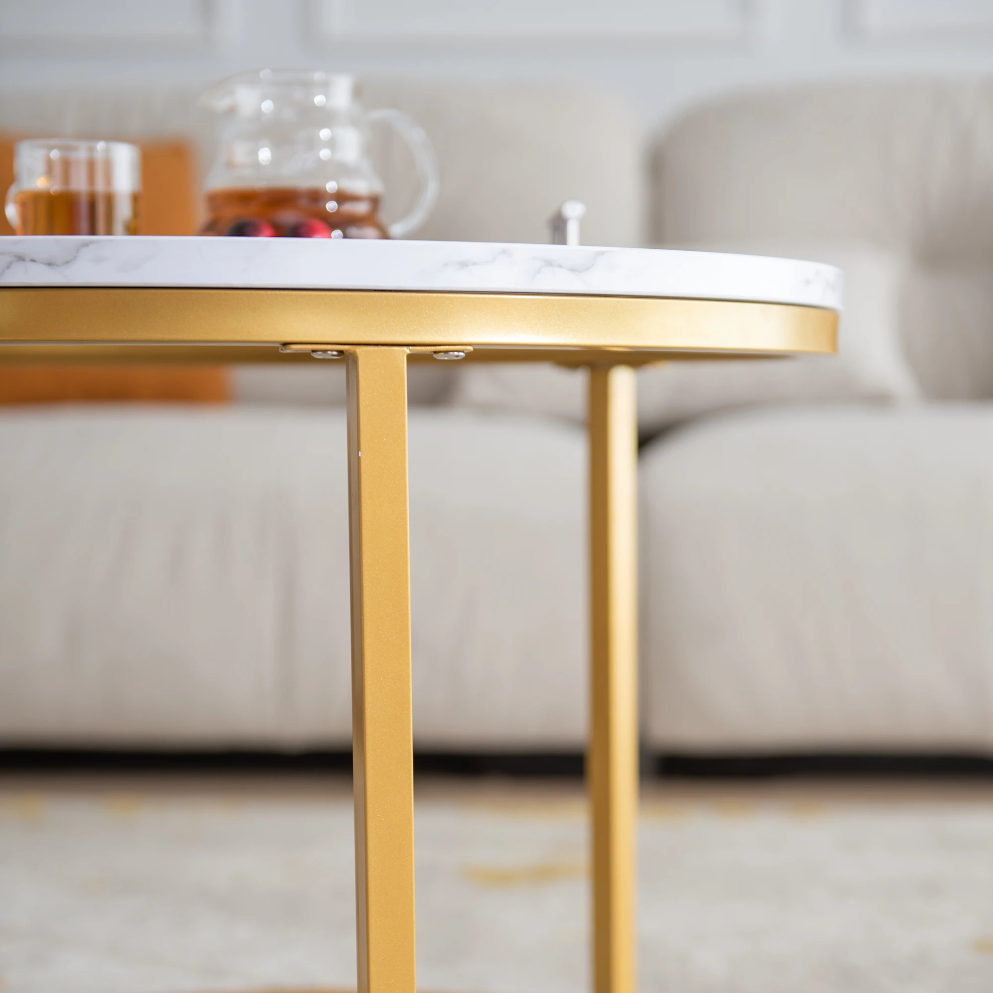Modern Nesting Coffee Table Round, Golden Color Frame with Wood Top for Small Space and Living Room