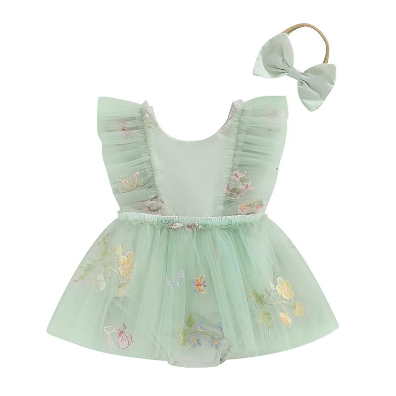 

Baby Girl 2Pcs Summer Outfits Ruffle Sleeveless Floral Embroidery Tulle Skirt Romper with Headband Set