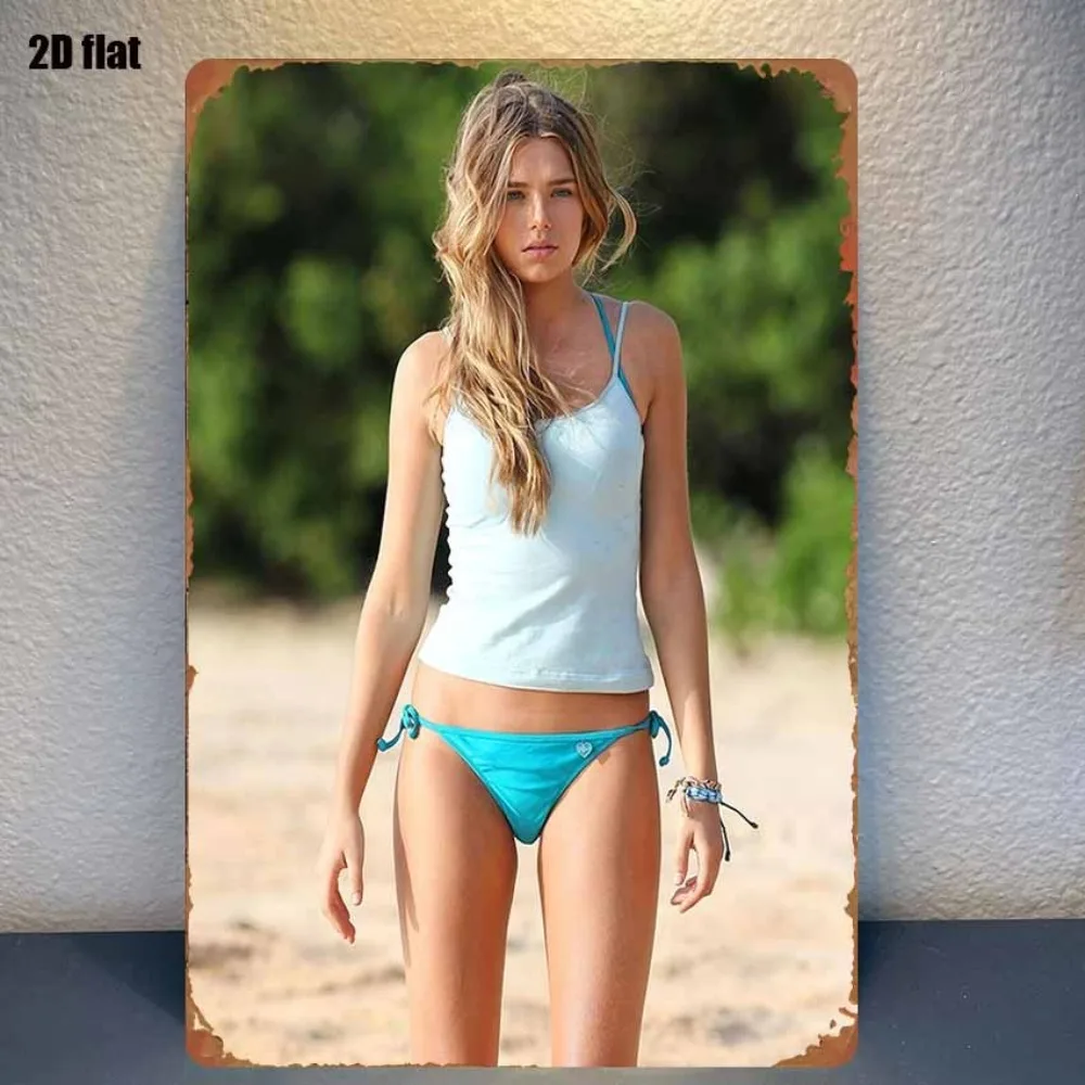 2D Vintage Blue Bikini Girl Metal Tin Sign for Beach Bar Garden Wall Decor