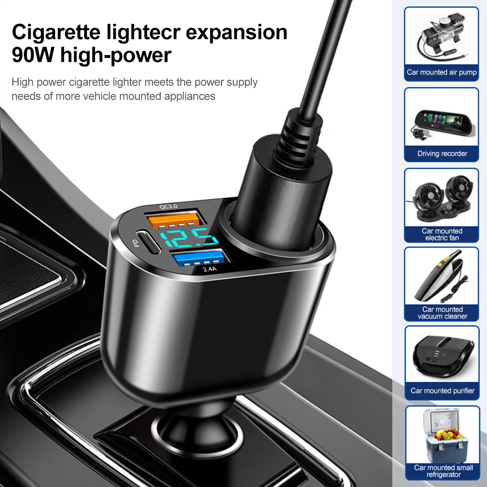 66W Car Cigarette Lighter Socket Splitter Charger PD QC3.0 Fast Charger Dual USB Charger C Ports Digital Display Power Adapter