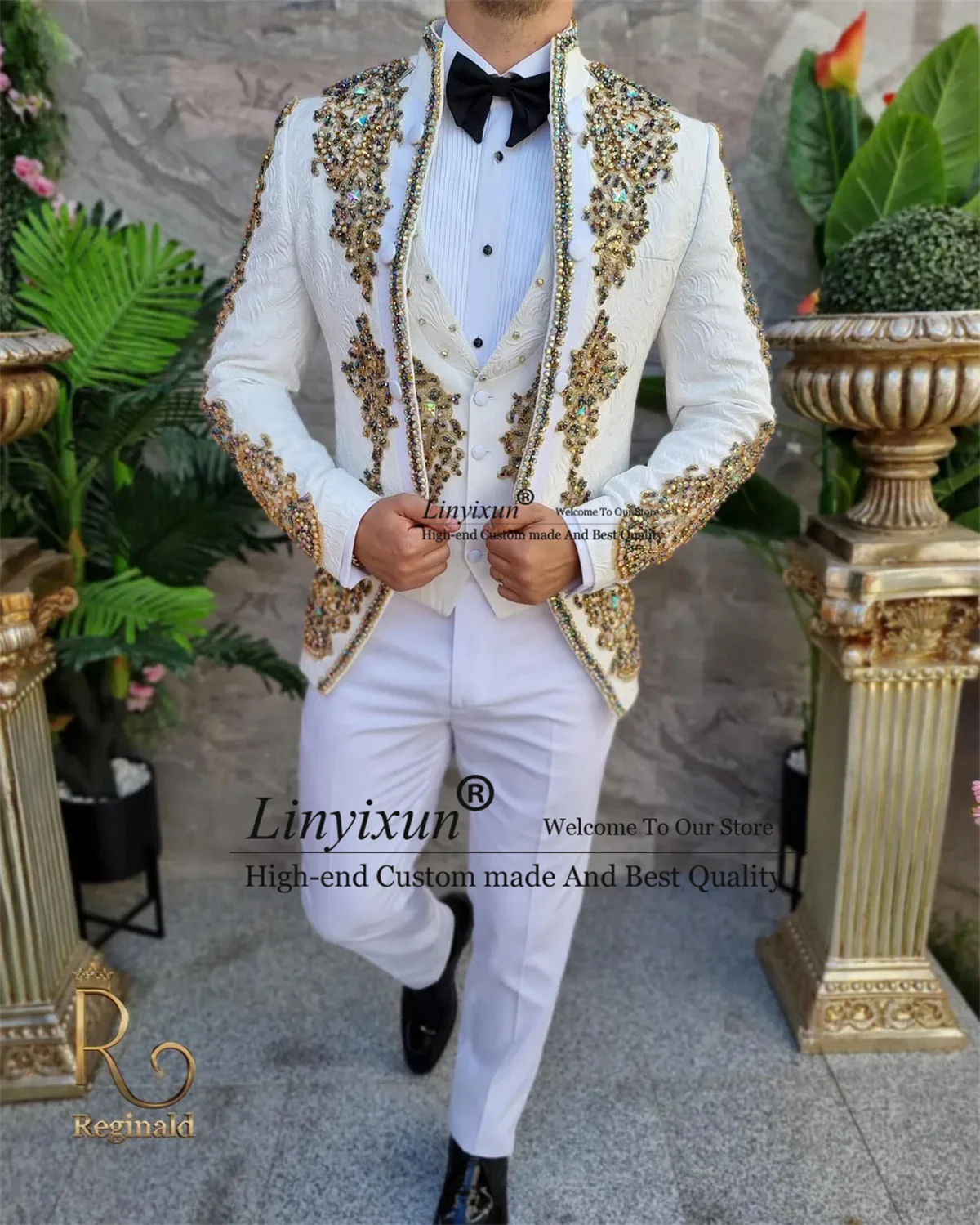 Metallic Jewelry Ornament Tuxedos Men Suits 3 Pieces Sets Wedding Groom Party Blazers Appliques Jacquard Slim Fit Costume Homme