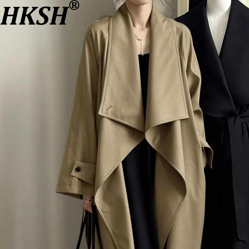 

HKSH Spring Autumn New Women Long Trench Coat Large Lapel Belt Solid Color Temperament Korean Office Lady Elegant Jacket HK12490