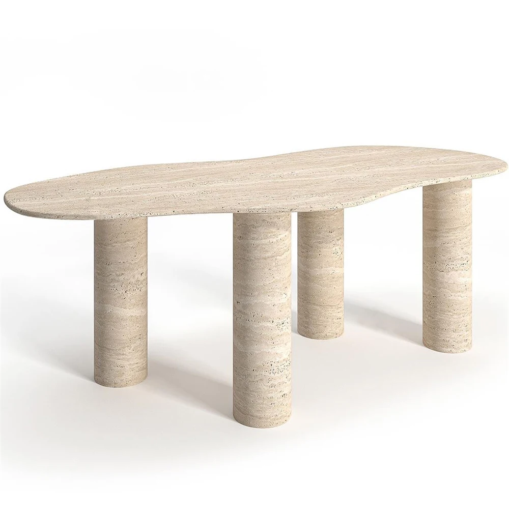 Minimalist Modern Natural  4 Legs Design Beige Travertine Dining Table For Sale