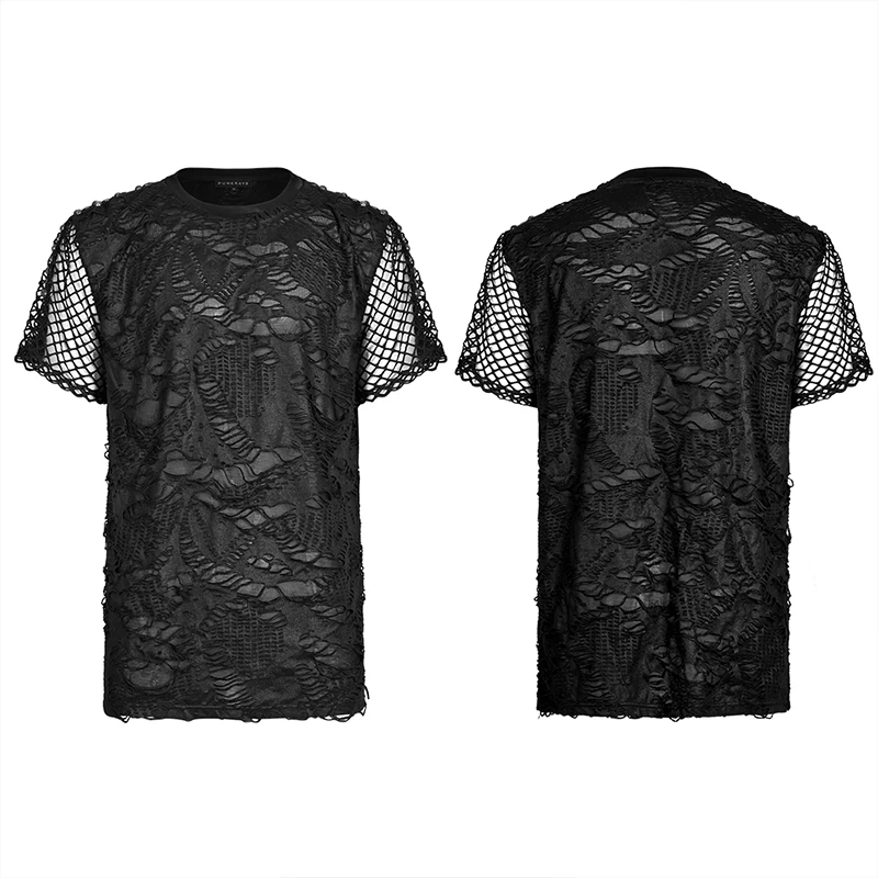 

PUNK RAVE Men's Gothic Mesh T-shirt, Black Polyester Elastane Broken Holes Short Sleeve Punk Top WT703