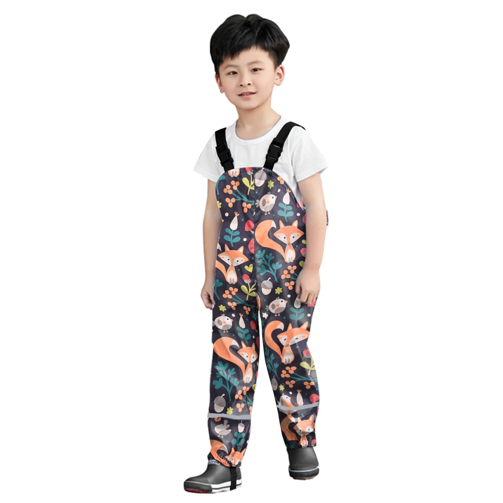 2024 Spring and Autumn New Cartoon Printed Strap Pants Cute Fox Printed Strap Adjustable Sling Boys and Girls Rainpants