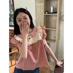 Flying Sleeve Plaid Blouses for Women Sweet Korean Style Tender Chic Summer Simple Fashion College All-match Vintage Temperament