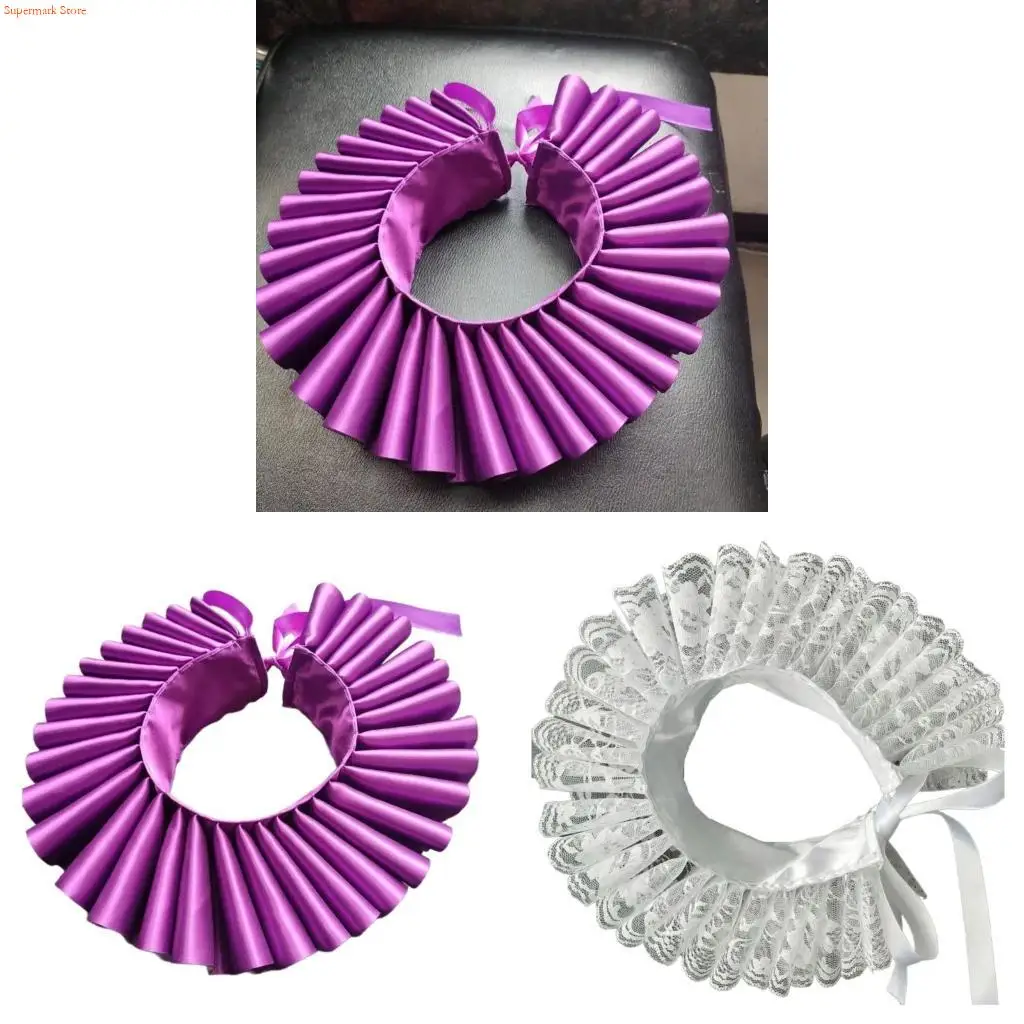 Q5WE Women Ribbon Ruffled Fake Collar Victorian Lace Neck Ruff Choker