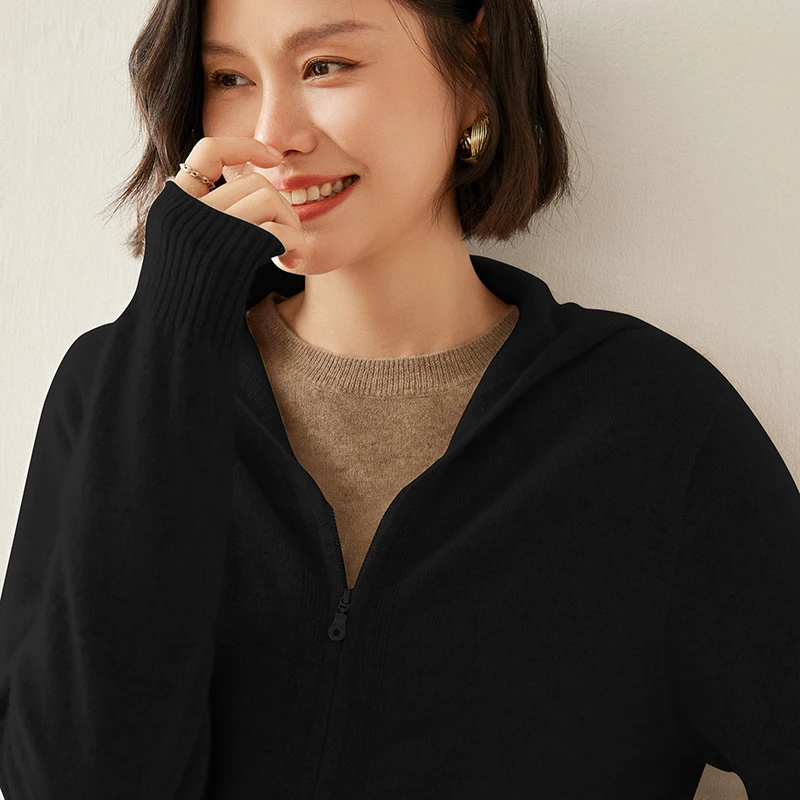 FRSEUCAG Novo 100% caxemira de malha cardigan feminino suéter com capuz moda jaqueta de manga comprida suéter de caxemira feminino