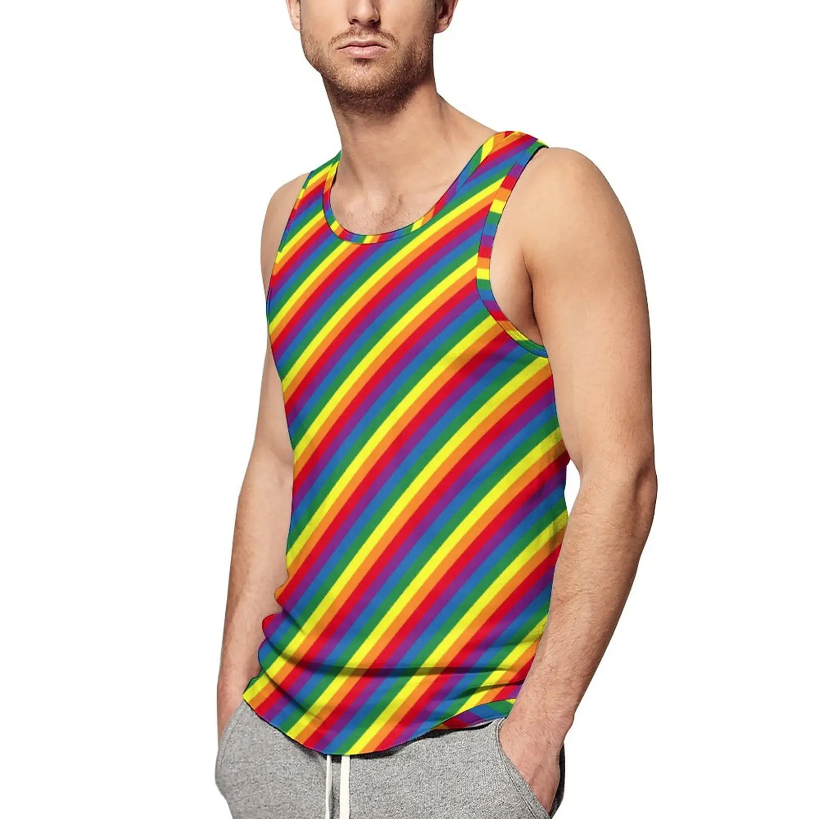 Diagonal Rainbow Beach Tank Top Colorful Stripes Print Bodybuilding Tops Males Design Trendy Sleeveless Vests Plus Size 4XL 5XL