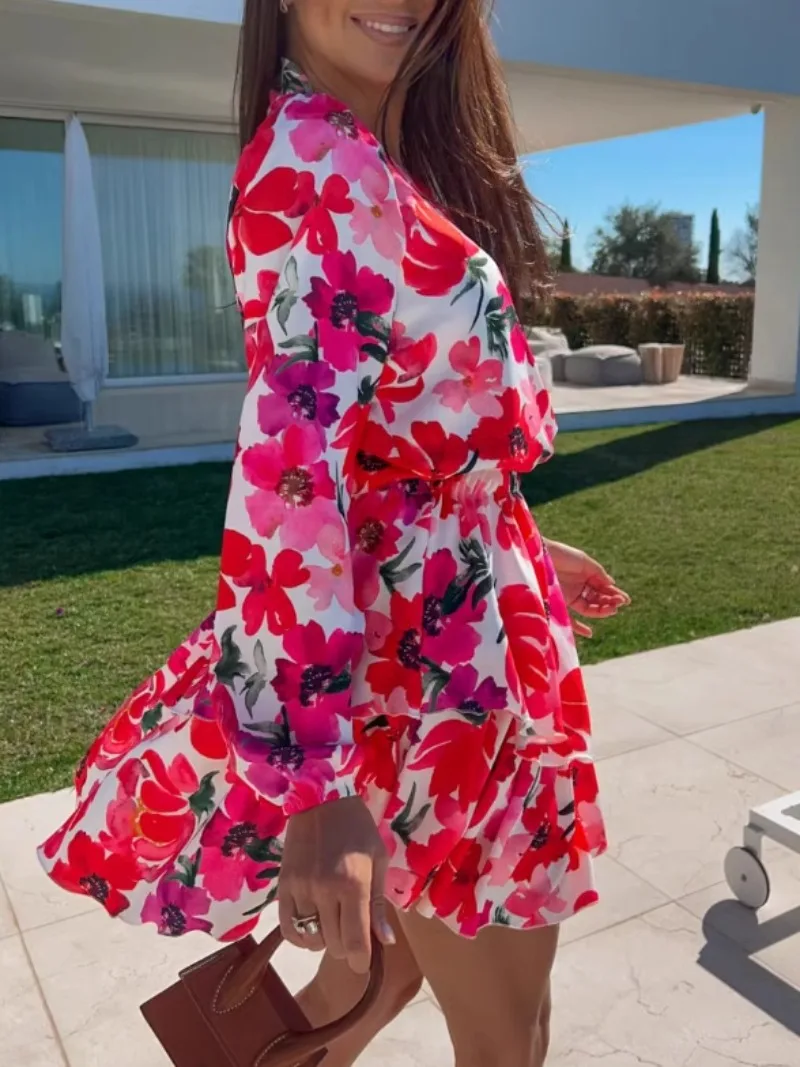 Women\'s Fashionable Printed Short Skirt with V-neck Long Sleeves Slim Fit Waist and A-line Skirt Casual Summer Dress