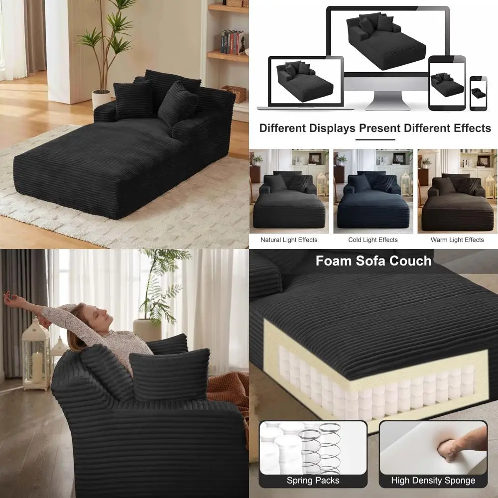 Deep Corduroy Chaise Lounge Chair Indoor, Extra 78.7 Single Seat Reading Couch Bed with 2 Pillows, Comfortable Boneless Lounge F