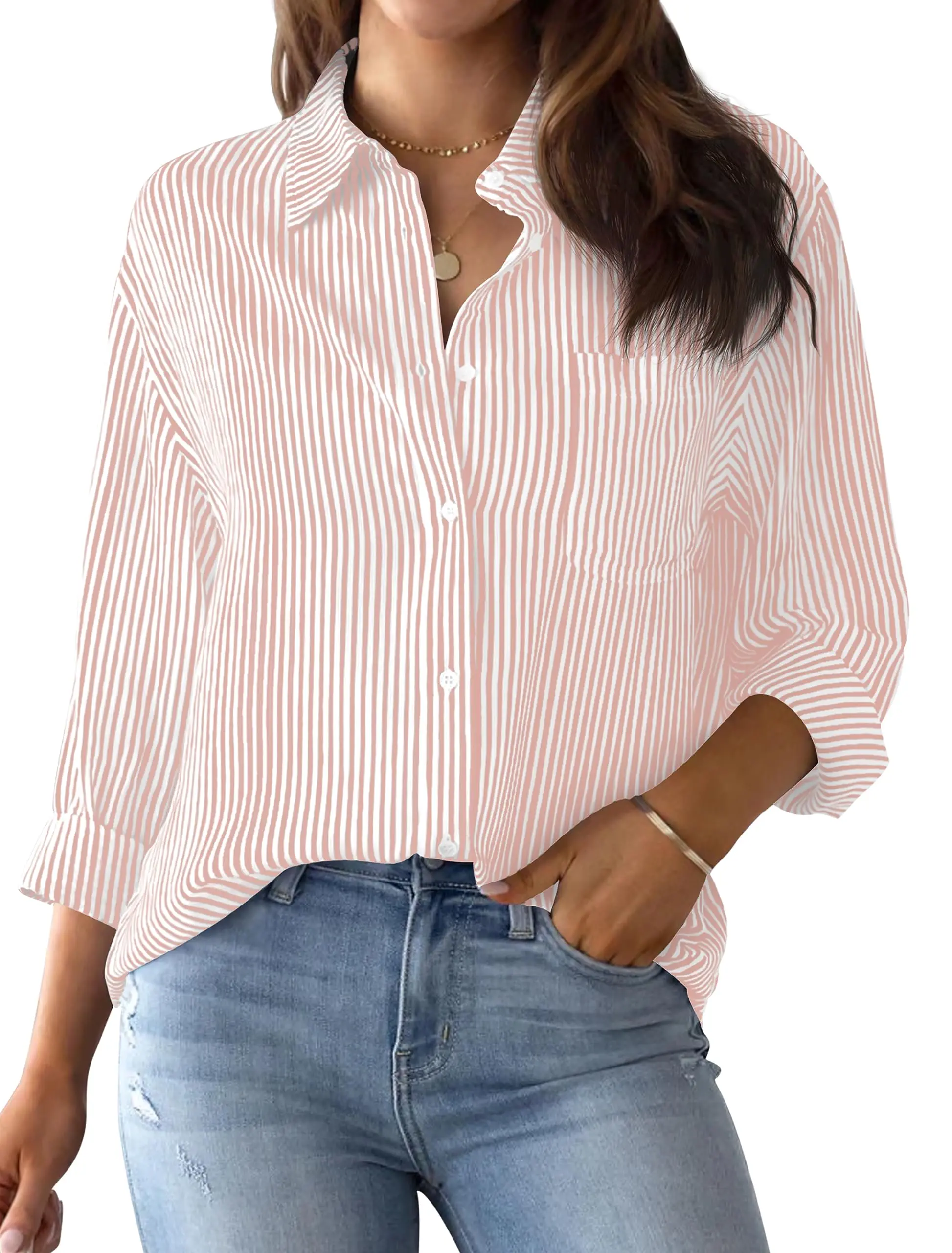 2024 Women\'s Shirt & Blouses Solid Color Striped Classic Blouses Casual Fashion Everyday Basic Shirt Summer Ladies Loose Style