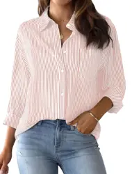 2024 Women's Shirt & Blouses Solid Color Striped Classic Blouses Casual Fashion Everyday Basic Shirt Summer Ladies Loose Style