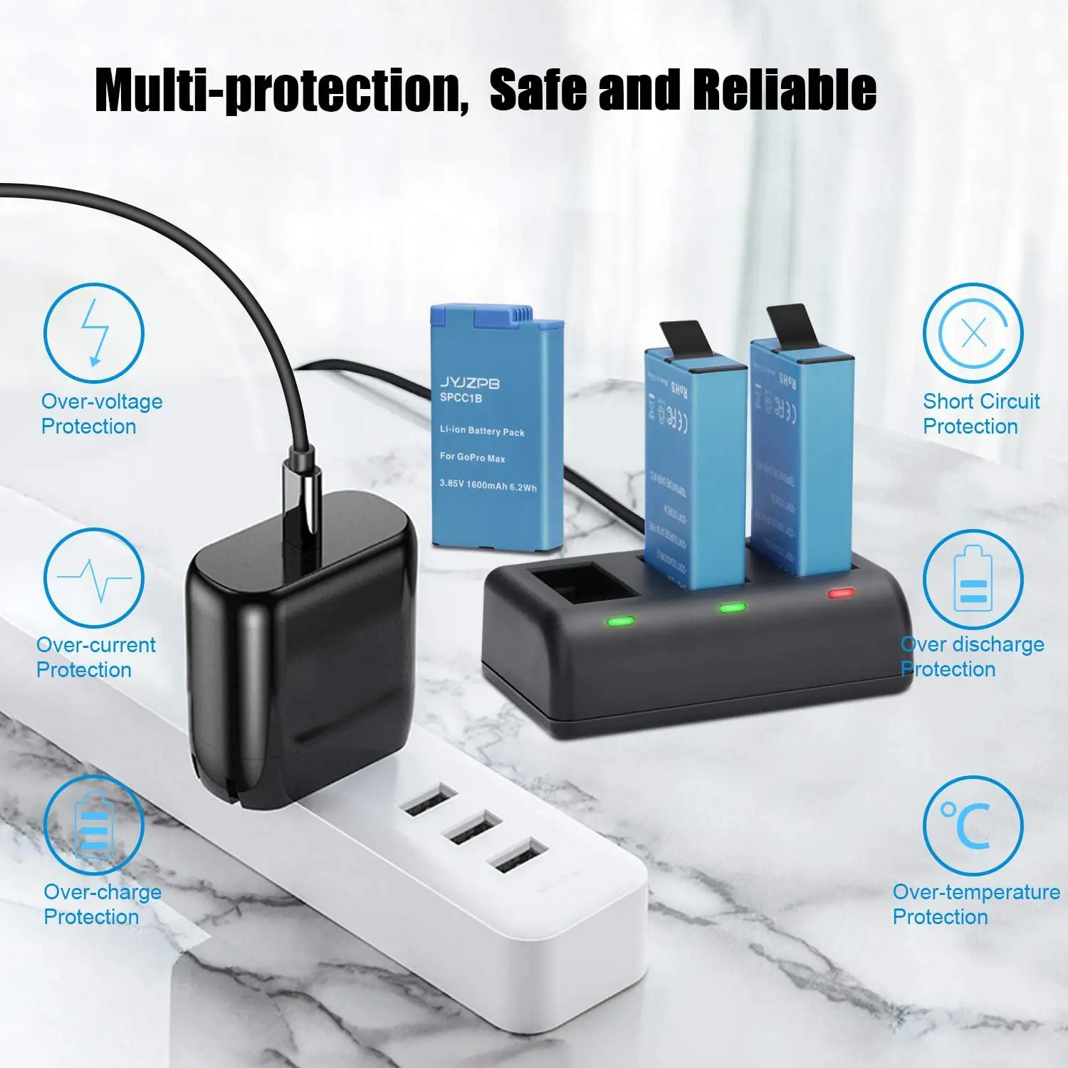 Batteria di ricambio MAX 3 pacchi e caricabatteria a 3 canali compatibile per GoPro MAX 360 (totalmente compatibile per GoPro MAX)