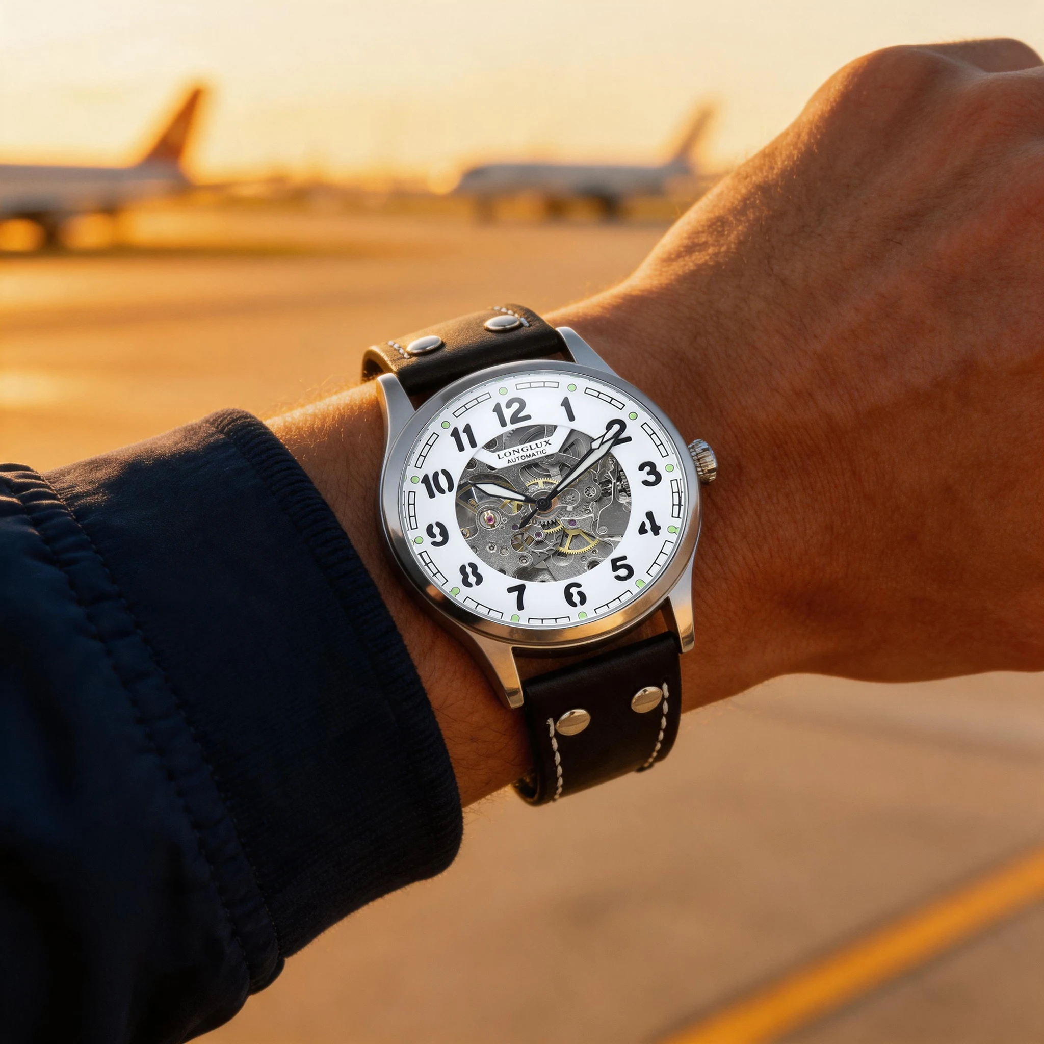 LONGLUX Men Pilot Skeleton Automatic Watch Waterproof Luminous Mechanical Wristwatches Luxury Black Rivet Leather Strap Sport