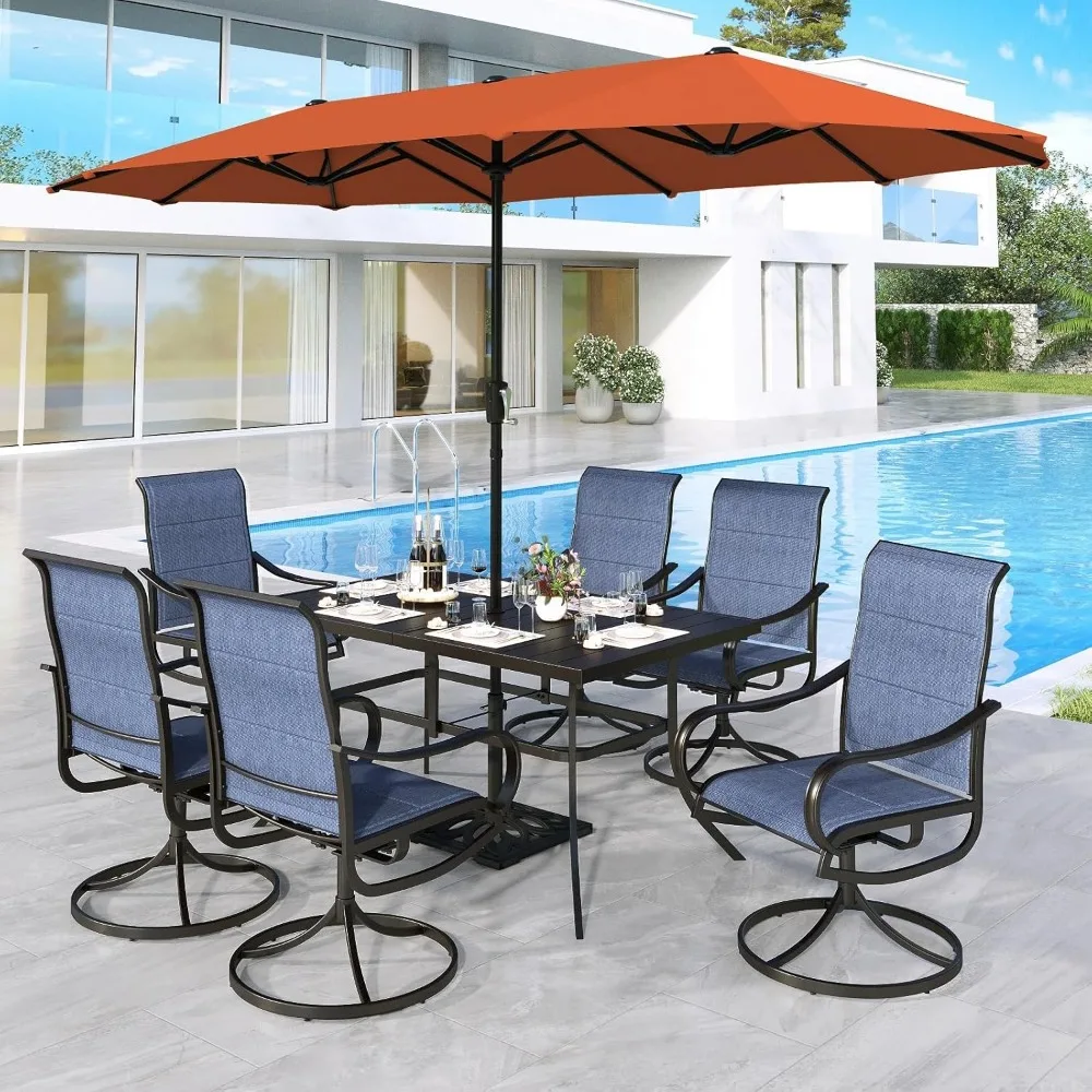 

Outdoor Dining Set for 6, Patio Furniture Set with Orange Red Umbrella (Base not Included), Outdoor Rectangle Metal Table and 6