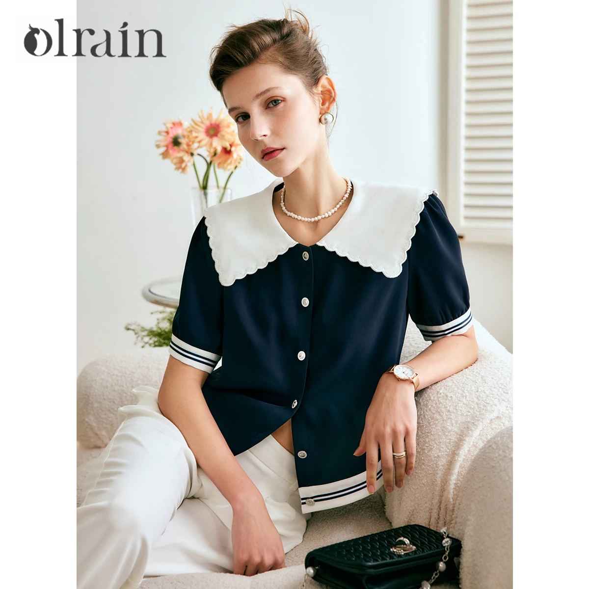 

OLrain Sailor Collar Shirt Women Polyester 2025 Fashion New Spliced Loose Embroidered Single Breasted Casual Blouses O22XC01198