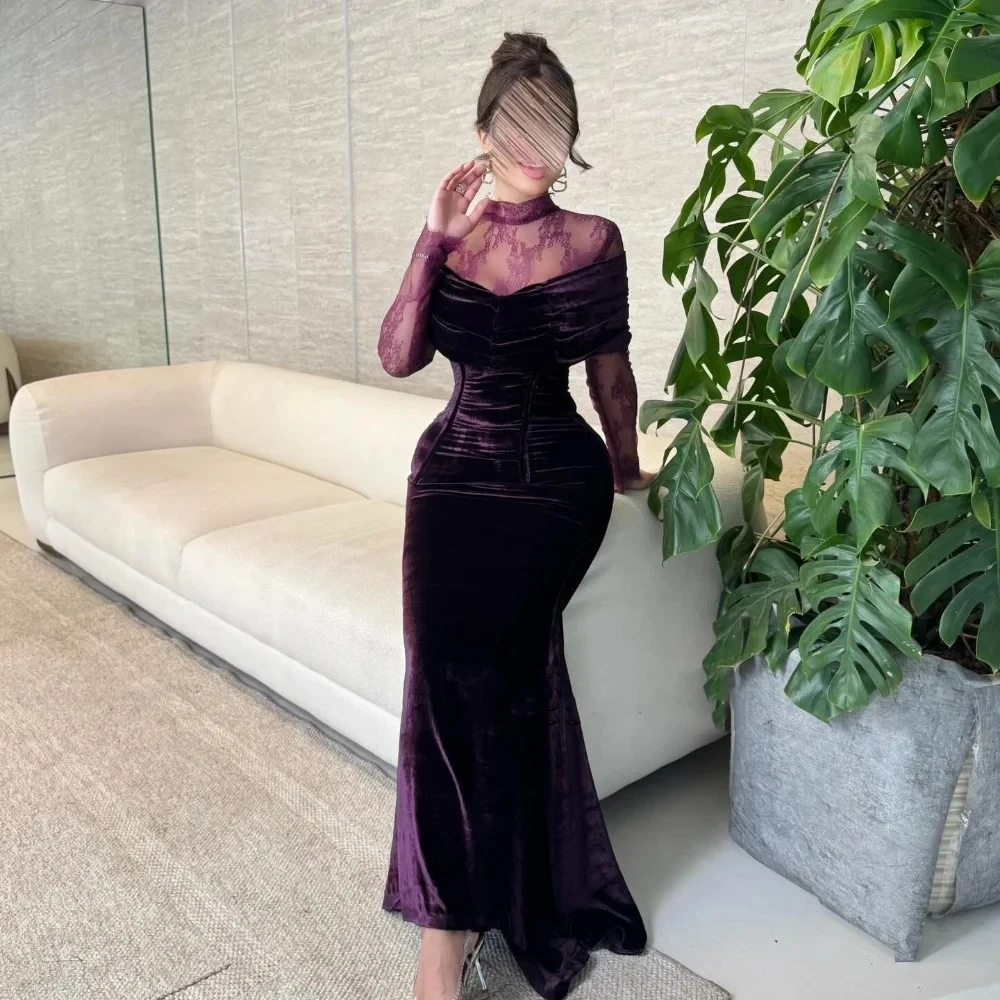 

Purple Velvet Long Sleeves Bespoke Occasion Gown Evening Dresses Pastrol Unisex Jersey Retro Dubai Saudi Arabic Prom Customized