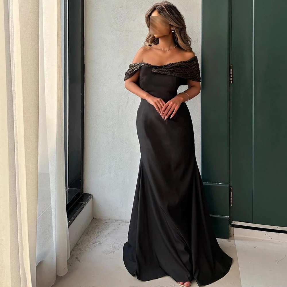 

Floor Length Off the Shoulder Saudi Evening Gowns Straight Jersey Short Sleeves Pleats Sweep Train Bespoke Occasion Gowns Simple