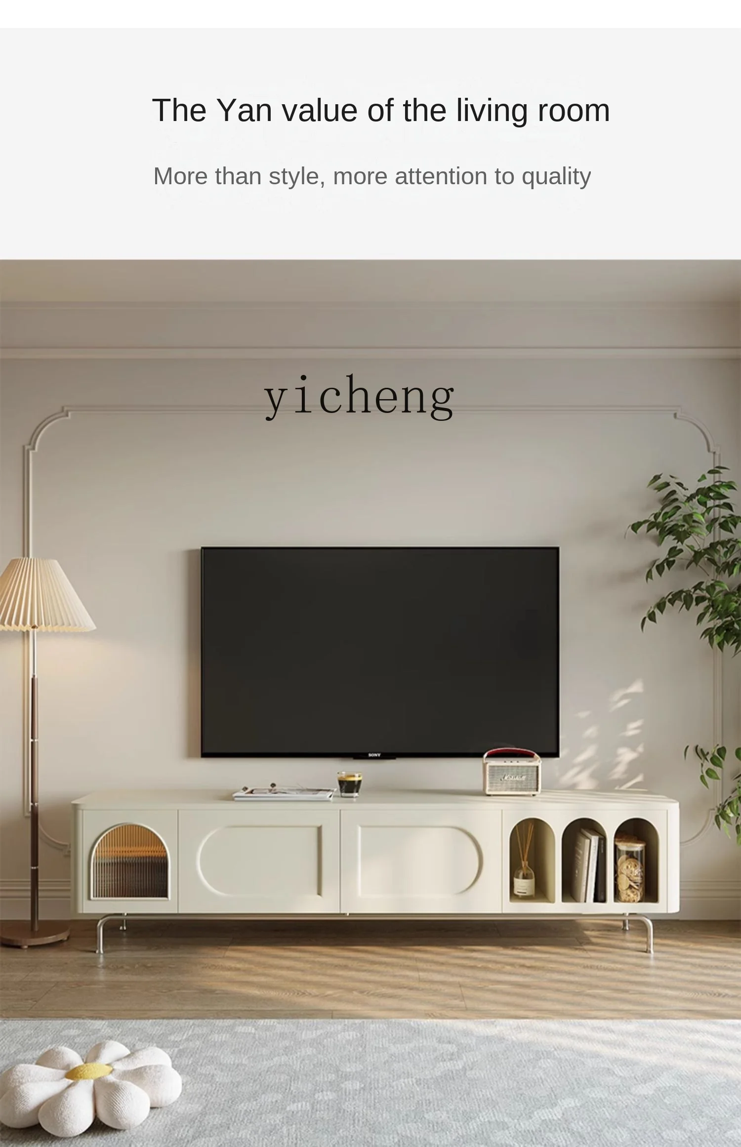 ZF TV Cabinet White Cream Style Living Room Home Tea Table Combination Storage Locker Small Apartment