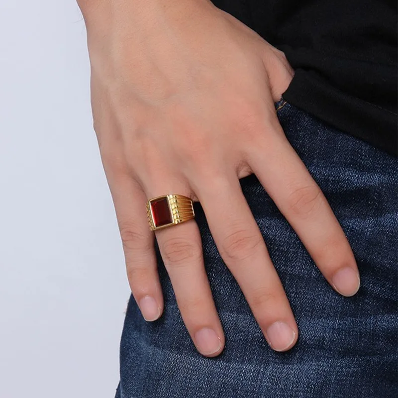 Punk Multicolor High Quality Large Stone Ring for Men Women Fashion Hip Hop Striped Stainless Steel Ring Biker Jewelry Wholesale - Image 5