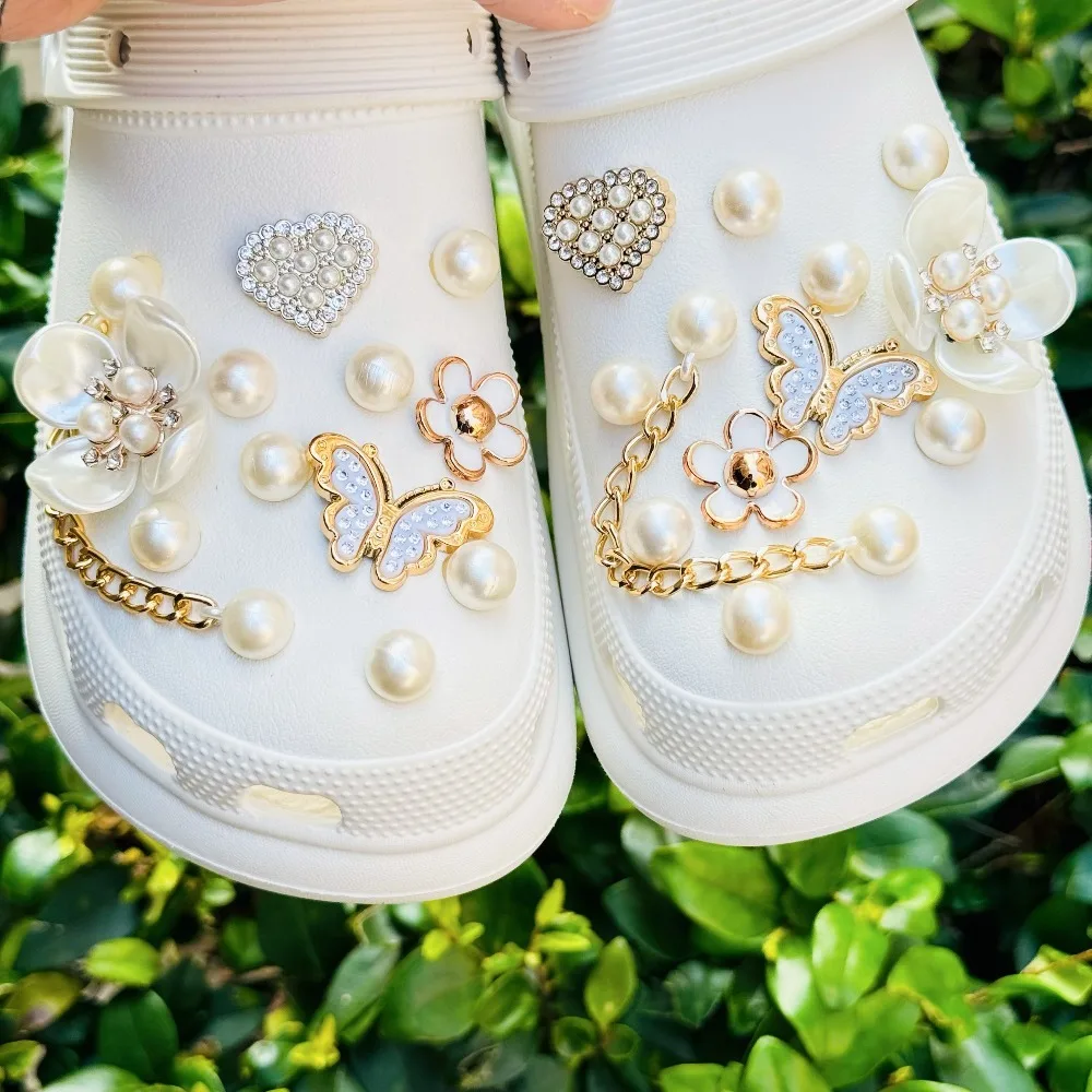 24PCS Summer Fashion Shoe Charms Set Accessories for Clogs Shoe Buckle Butterfly Pearl Flower Chain DIY Shoes Decorations image 5