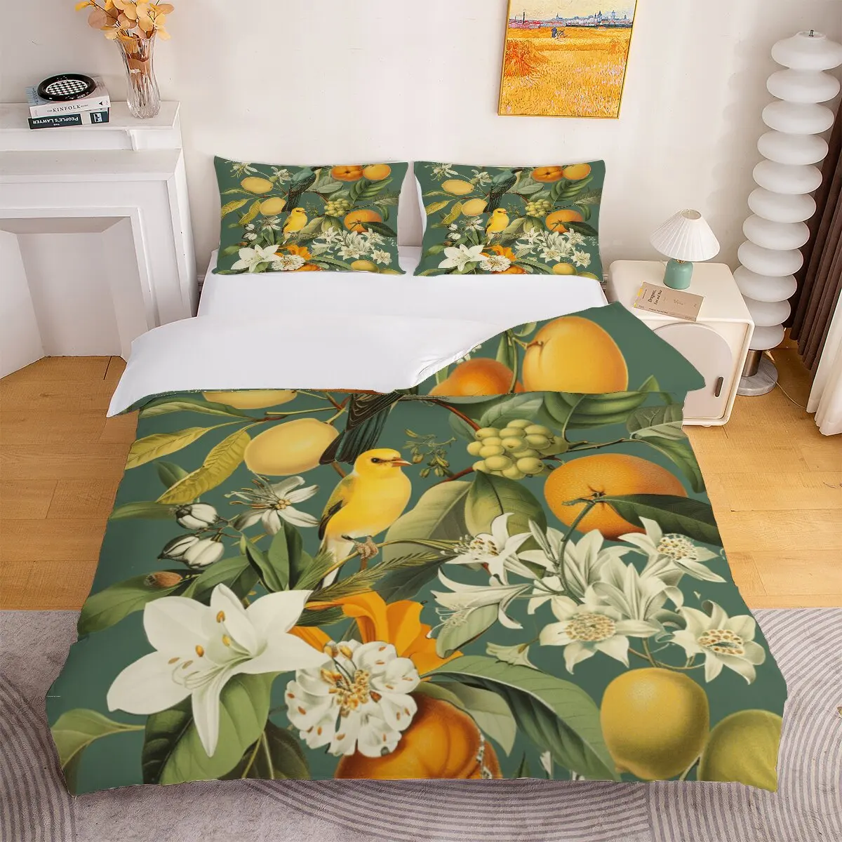 Parrots and oranges  Down comforter set large size  canaries and  flowers  Printed duvet cover 3-piece set with 2 pillowcases