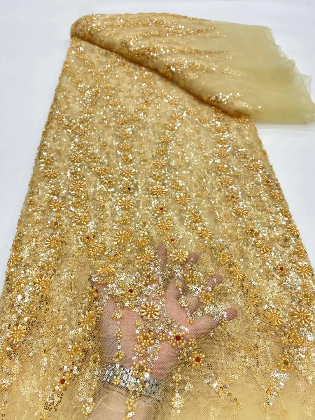 

Luxury African Mesh Lace Sequin Fabric,For Sewing,Clothes,Beaded,Tulle,Wedding Dresses,Embroidery,Fabrics By The Meter,5 Yard