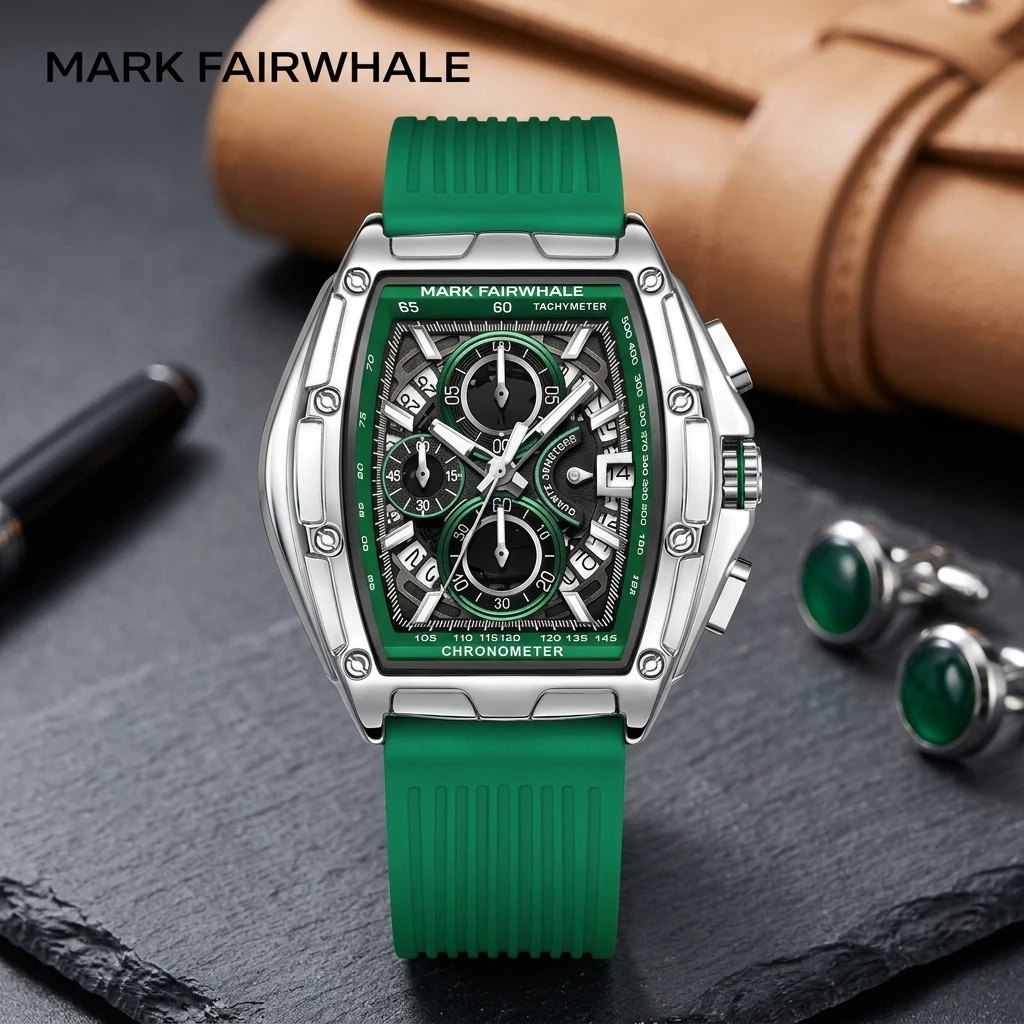 Mark Fairwhale Fashion Sport Quartz Watch for Men Tonneau Case Multi-function Chronograph Silicone Band Wristwatch