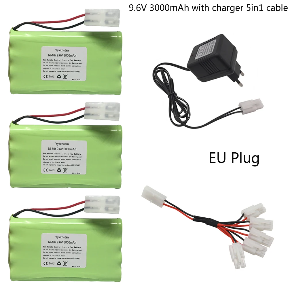 Batterie avec chargeur pour jouets RC, câble 5 en 1, voiture précieuse, train, robot, bateau, odor, AA, 9.6V, NIlaissée, 3000mAh, 9.6V, livraison