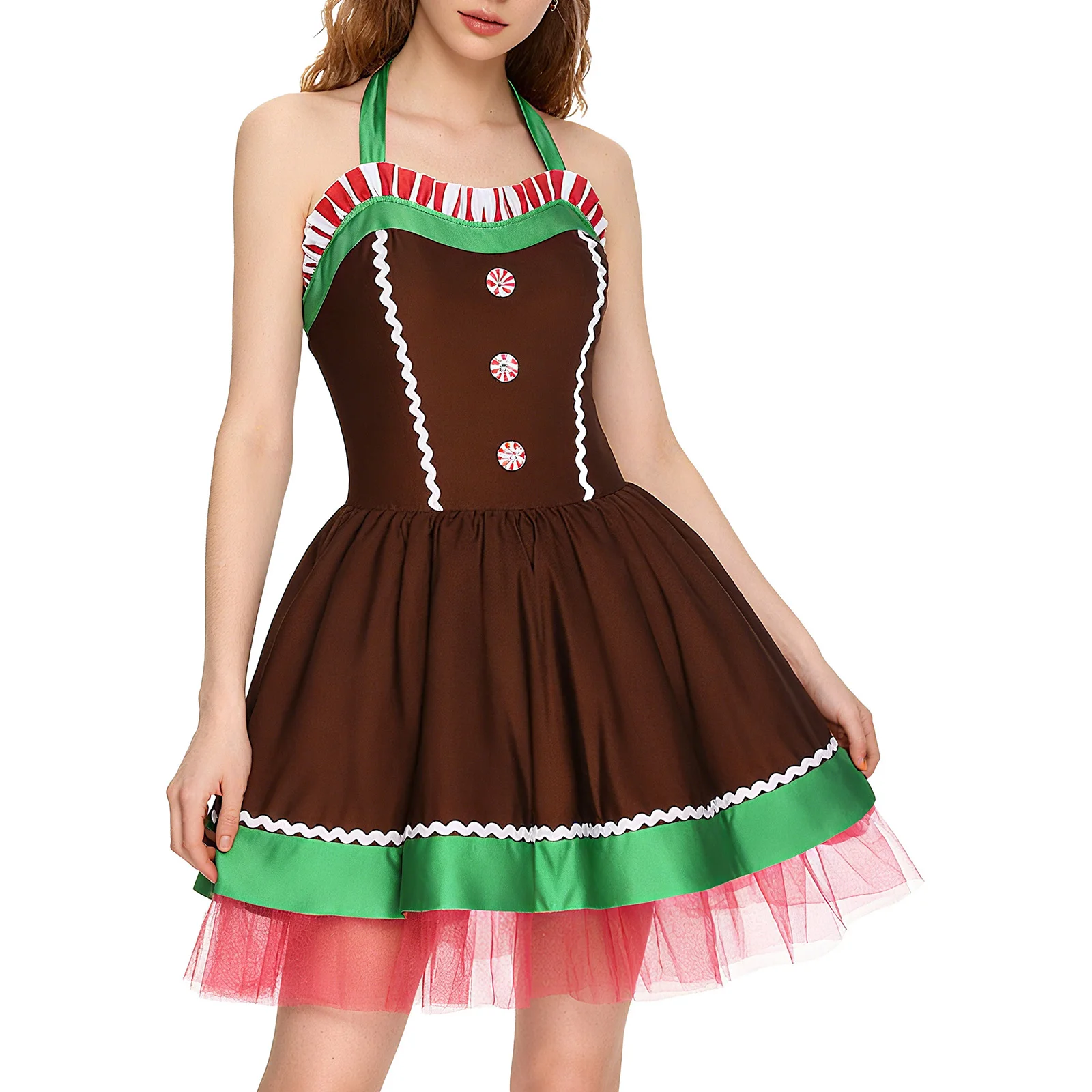 

Women Christmas Gingerbread Cosplay Dress Sleeveless Contrast Color Tutu Dress with Built-in Briefs for Masquerade Xmas Dress-up