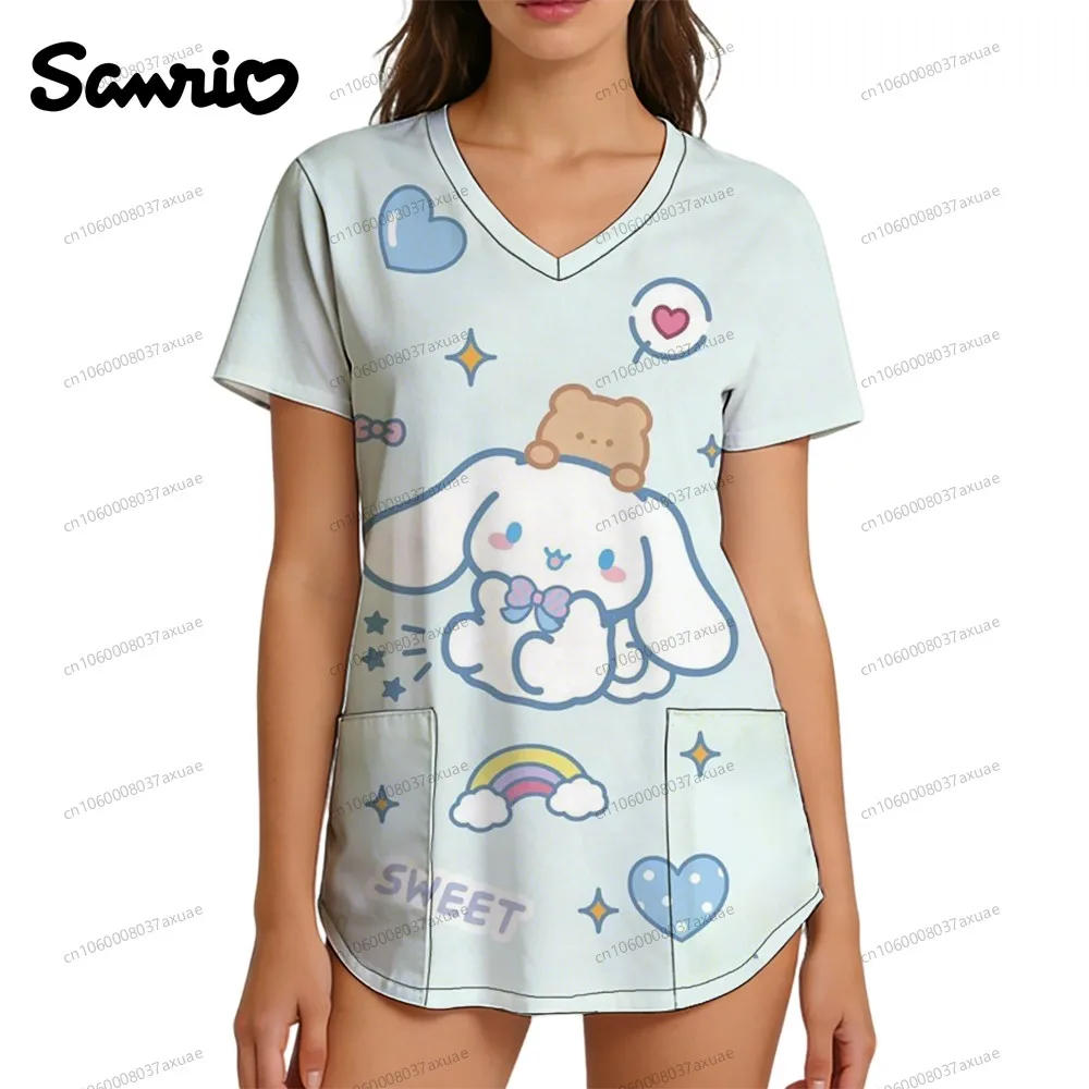 

Summer Women's Clothing Clinical Uniform Woman Cinnamoroll Scene Clothes Nurse Uniform V Neck T Shirt Sanrio Anime Y2k Cuteore