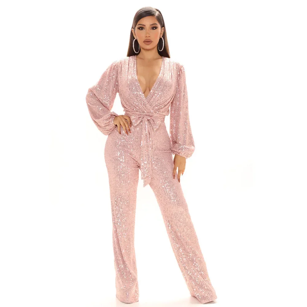 Jumpsuit Women Sexy V Neck Sequins Long Sleeve Casual Female High Waist Playsuit Elegant Ladies Party Club Romper