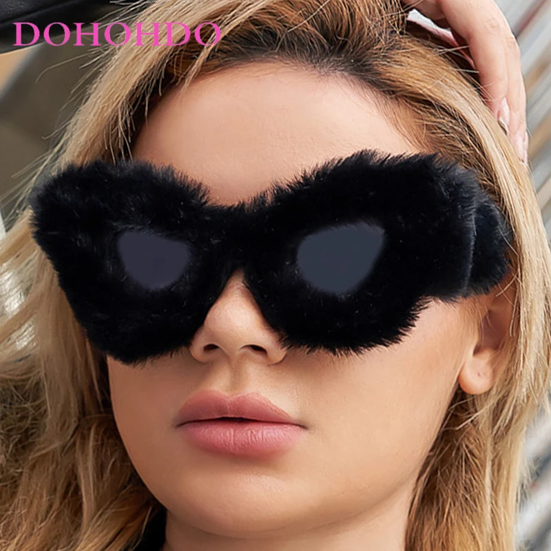 

Plush Fuzzy Sunglasses Ladies Punk Fashion Sun Protection Cat Eye Sunglasses For Winter Carnival Concert Festival Travel Eyewear
