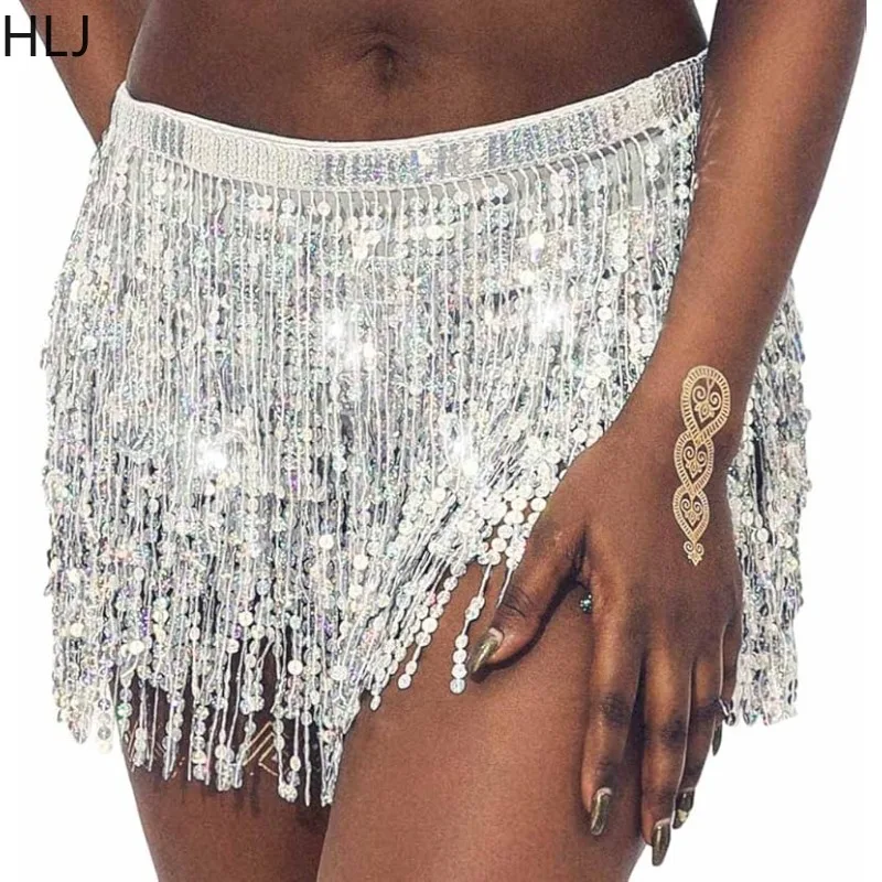 HLJ Sexy gonna con frange di paillettes donna vita alta Lace Up nappa gonne di danza del ventre Fashion Sparkling Party Club Rave Bottoms 2024