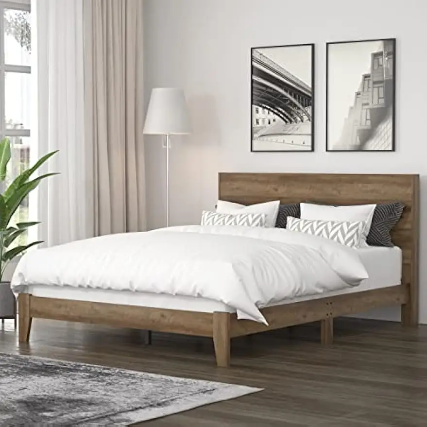 Wood Platform Queen Bed Frame Headboard Knotty Oak Mattress Foundation64.17 x 85.31 x 40.15 in-No Box Spring Needed Galano Payne