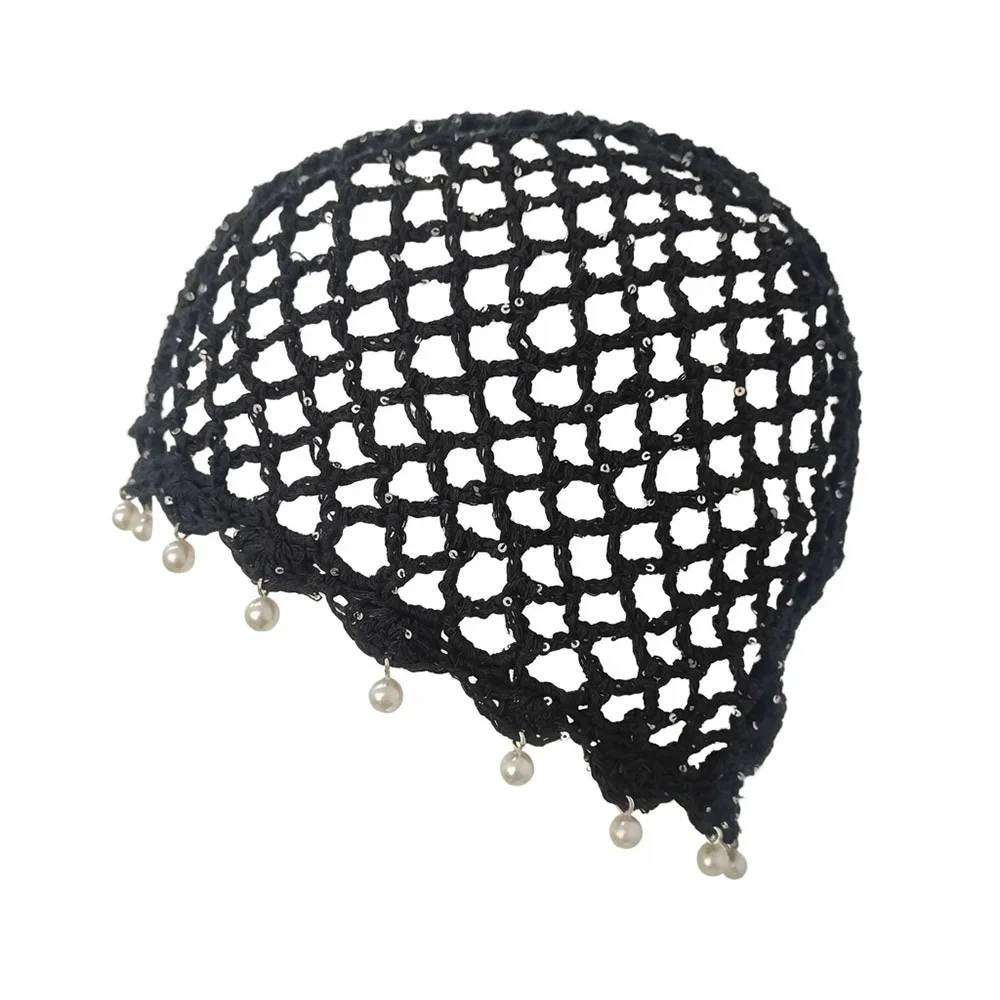Fashion Hollowed Out Woven Pullover Hats Crochet Pearl Fringed Beret Cap Breathable Knitted Hat or Women Summer