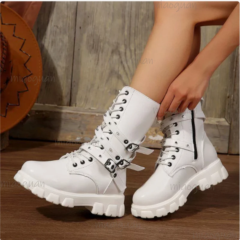 New Style Thick Sole Height-Increasing Motorcycle Boots for Women Women's Autumn Punk Belt Buckle Plus Size Platform Knight Bota view 4