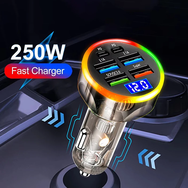 350W/250W USB Type-C Car Fast Charger 4-ports/6-ports Phone Charger With Digital Display For Multy Device QC 3.0 Quick Charging - view 2