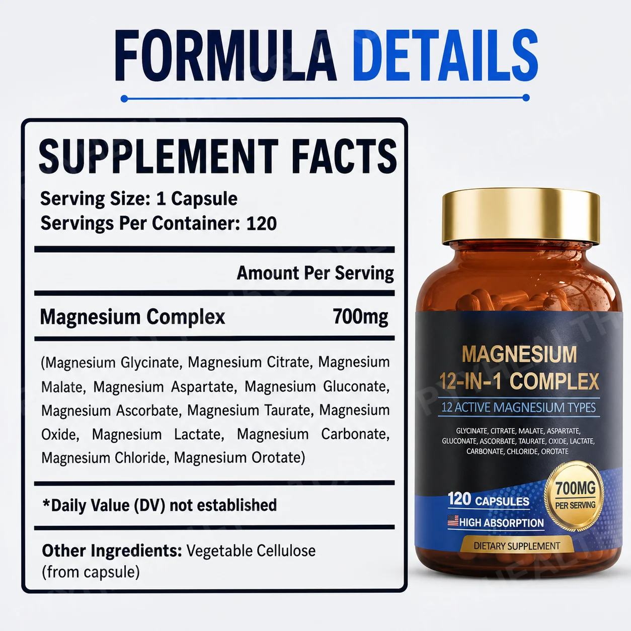 12-in-1 Magnesium Complex 700mg Capsules Glycinate Citrate Malate Taurate Calm Routine Muscle Function Vegan 120 Count Daily Use